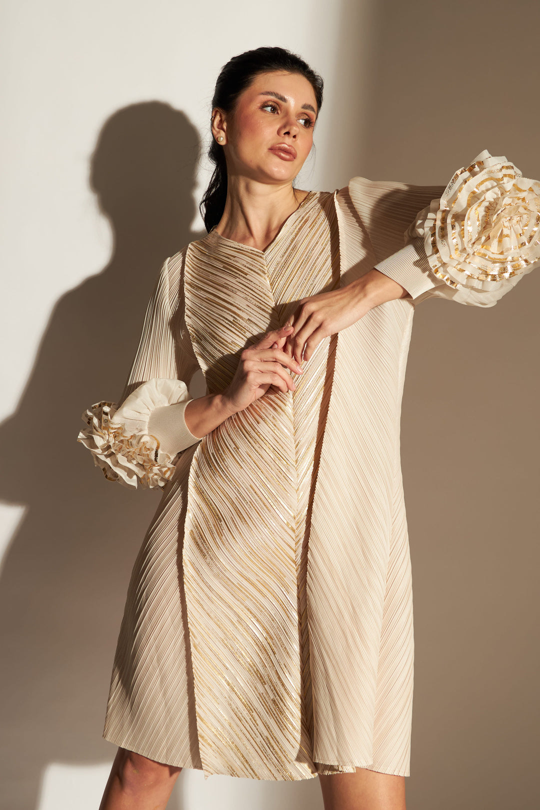 Patricia Flower up Sleeve Metallic Dress - Ivory