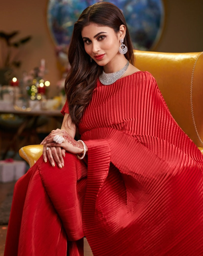 Mouni Roy in Classy Pleated Gown Saree Red - Main Image