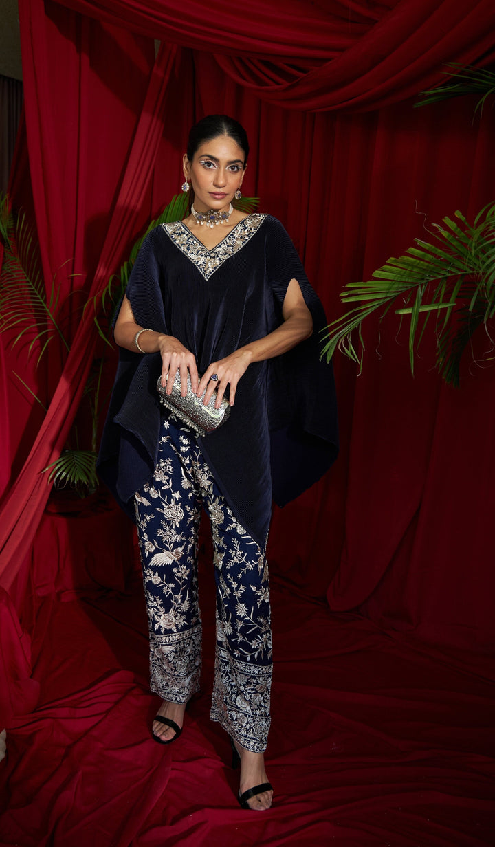 Reyna Gara Glazed Embroidered Pleated V- Neck Cape Coordinated with Straight Pants - Navy Blue