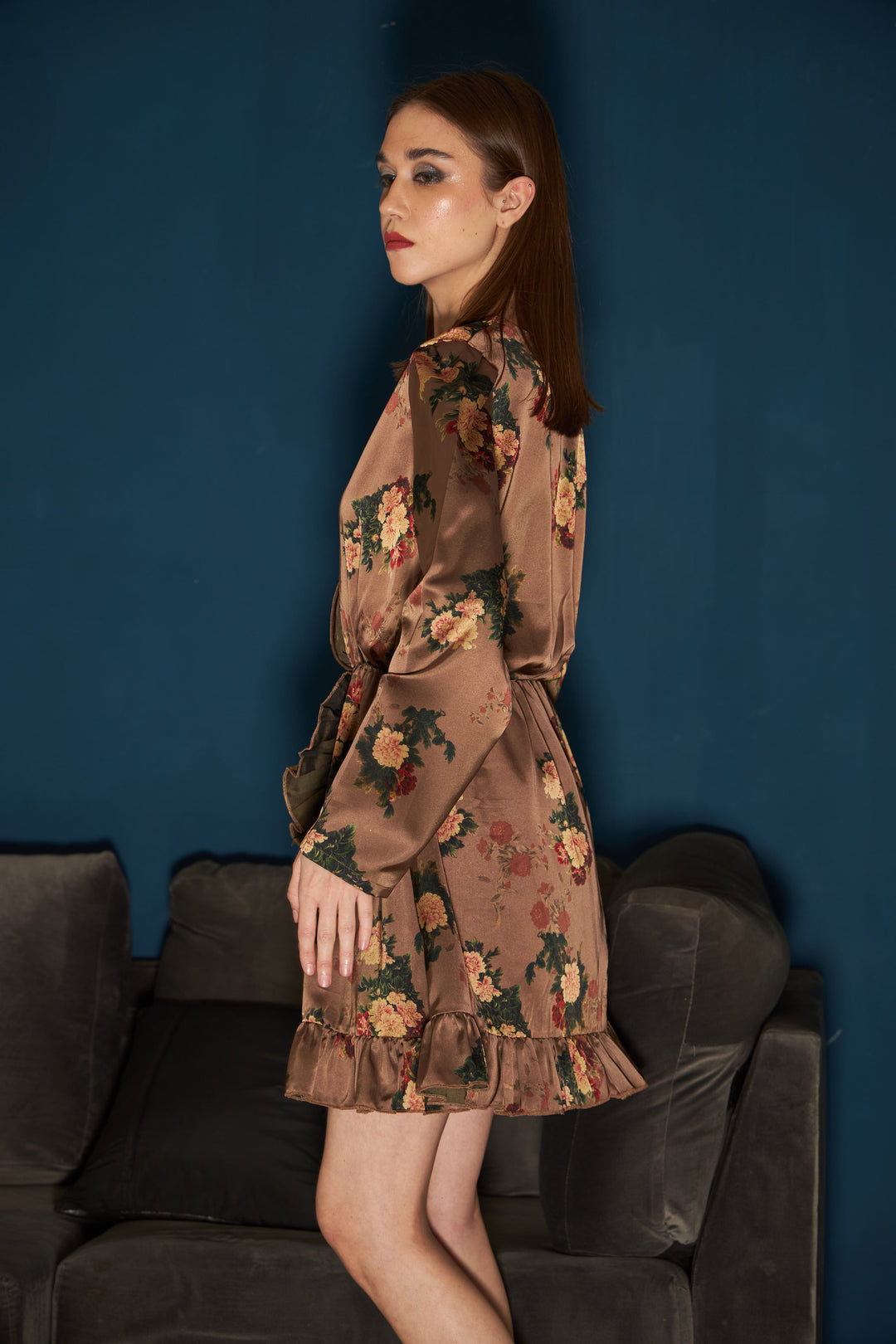Florence Floral Satin Dress - Bronze