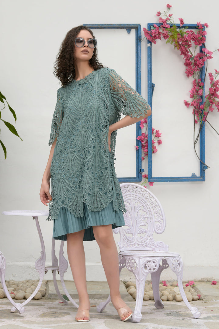 Myra Mesh Daylily Lace Dress- Soft Green