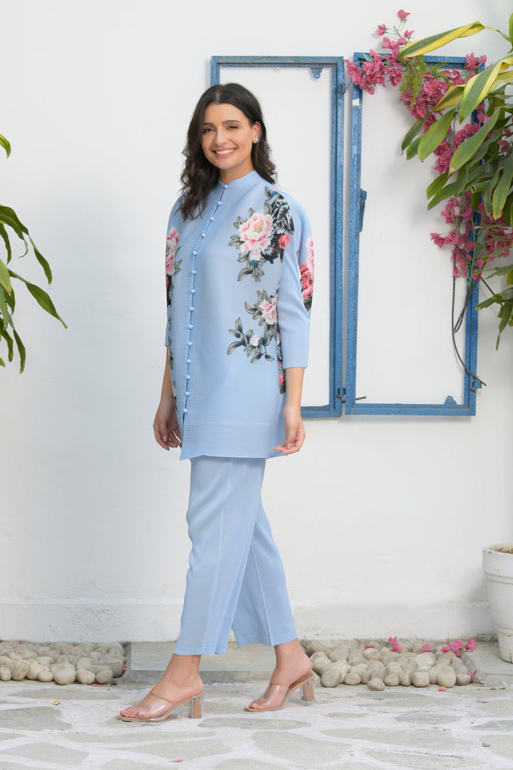 Fairlie Floral Shirt with Pleated Pants - Powder Blue