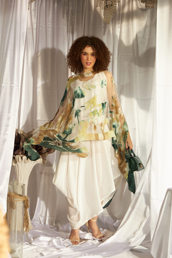 Slip Easy Dress with Organza Cape- White & Shades of Green