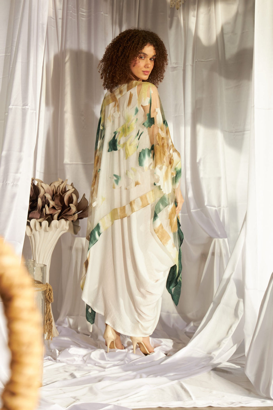 Slip Easy Dress with Organza Cape- White & Shades of Green