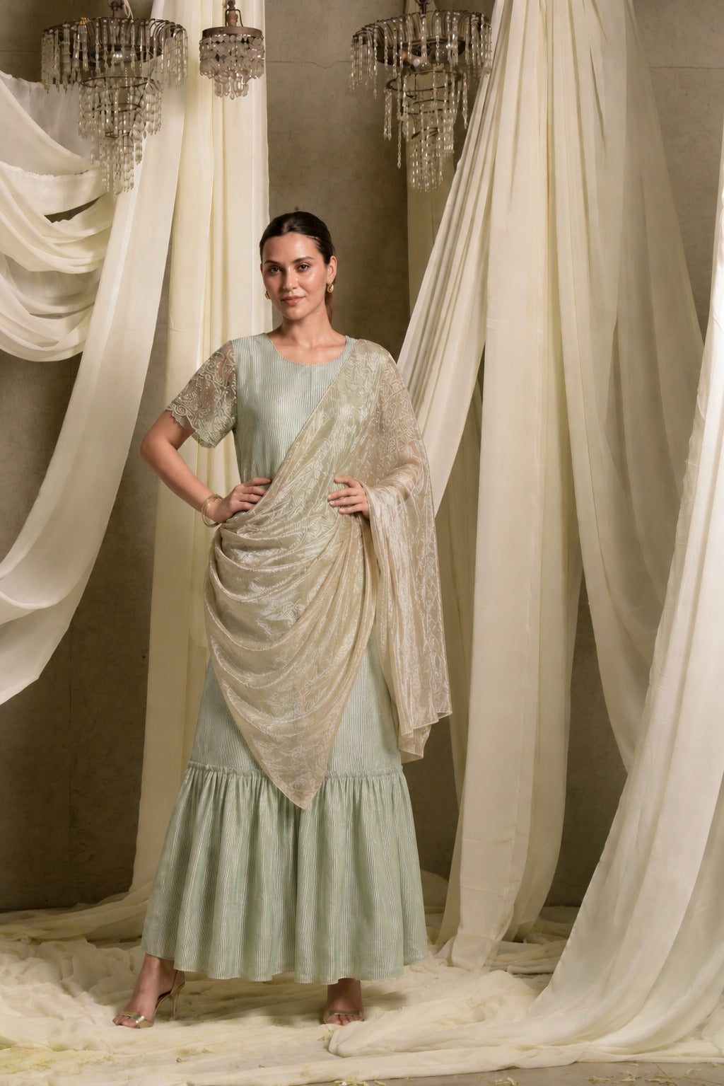 MAGNIFICENT METALLIC GOWN SAREE WITH LIQUID TISSUE PALLA - MINT GREEN