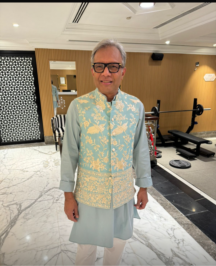 Kurta Set With Gara Glazed Jacket - Aqua Blue