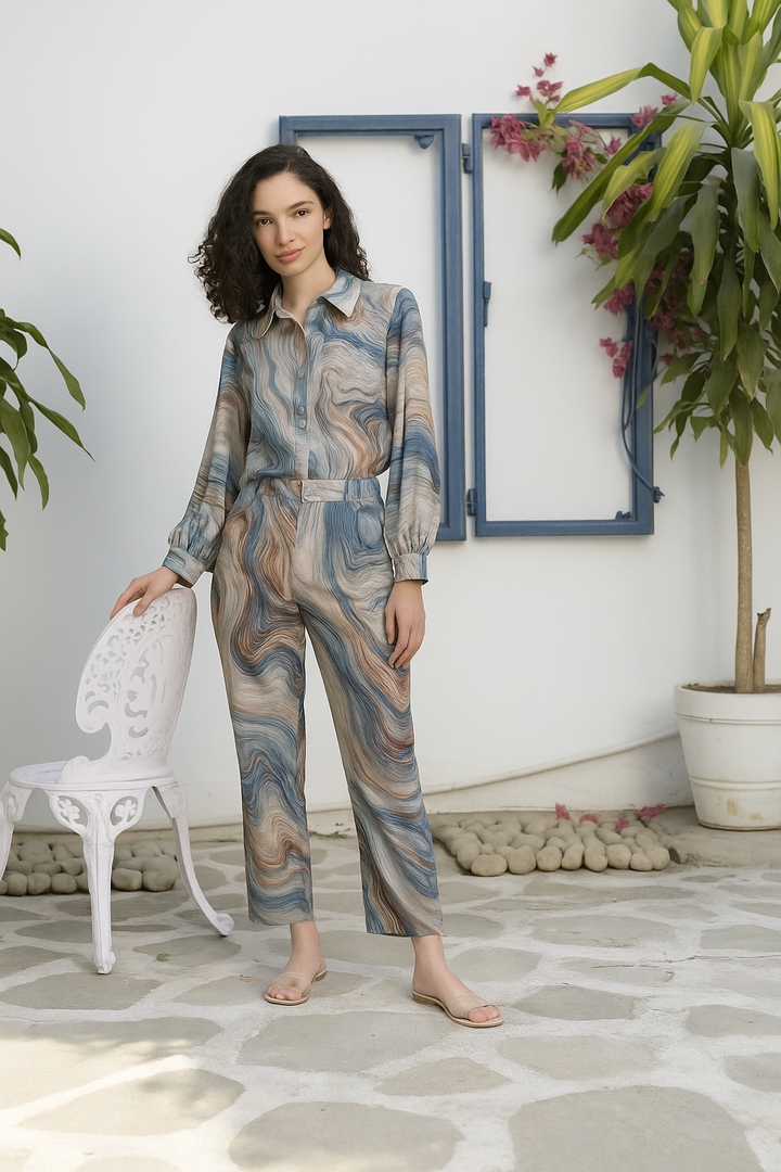 Siciley Satin Printed Co-ord Set - Marble Blue