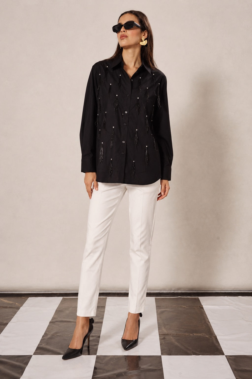EGYPTIAN COTTON FETHER SWAROVSKI STUDDED SHIRT -BLACK
