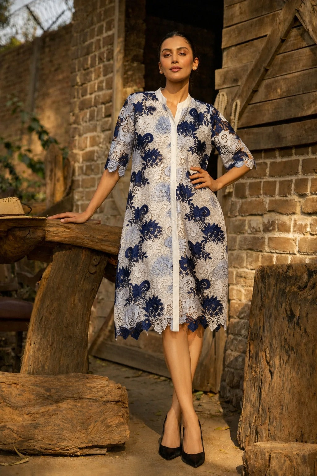 MYRA MESH ROWAN DRESS - BLUE & IVORY