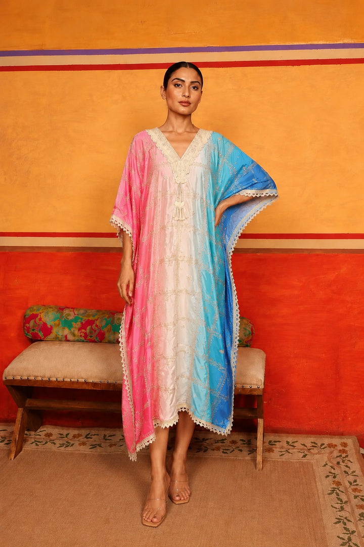 Kainaat Multicolour Kaftan - Blue White Pink