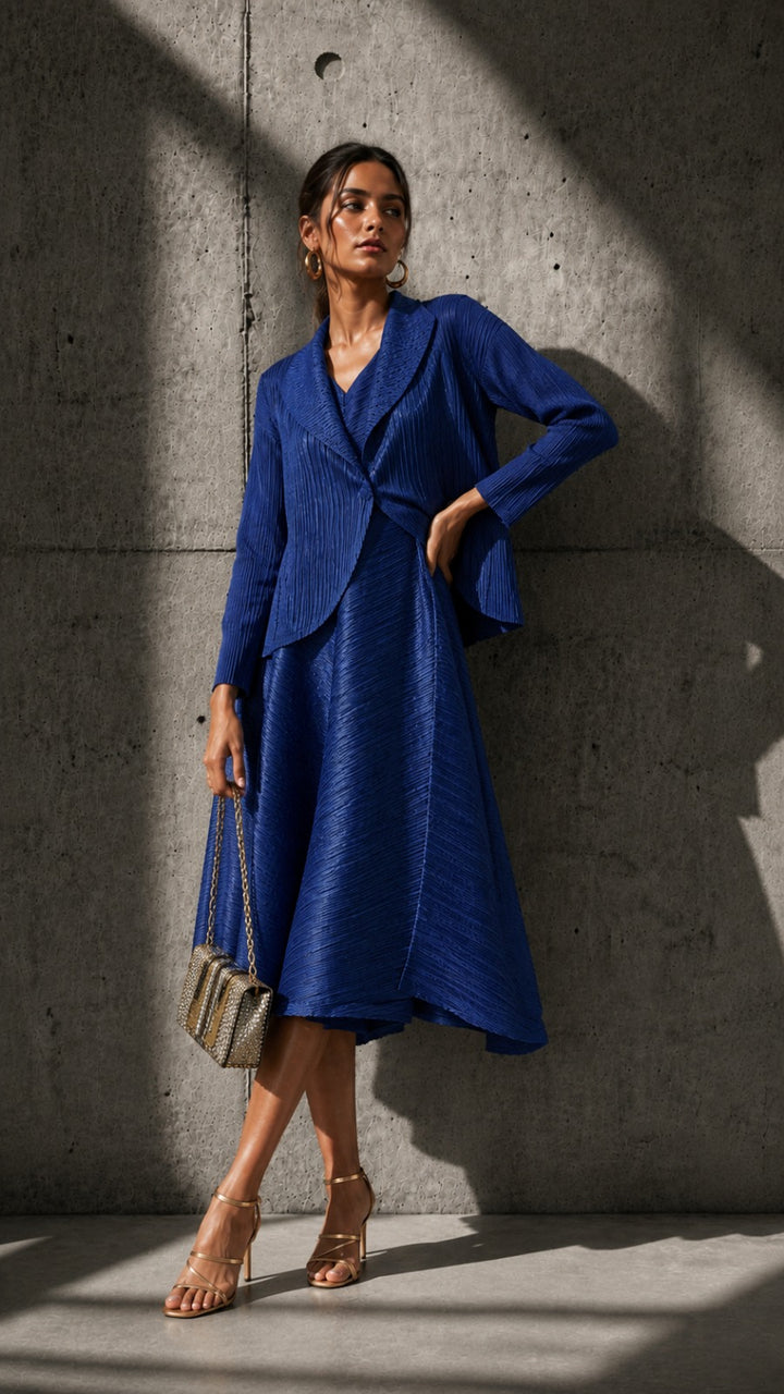 Zouave Pleated Smoked Dress with Bolero Jacket - Cobalt Blue