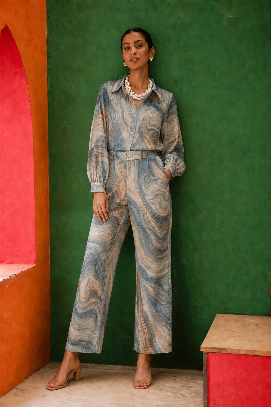 Siciley Satin Printed Co-ord Set - Marble Blue