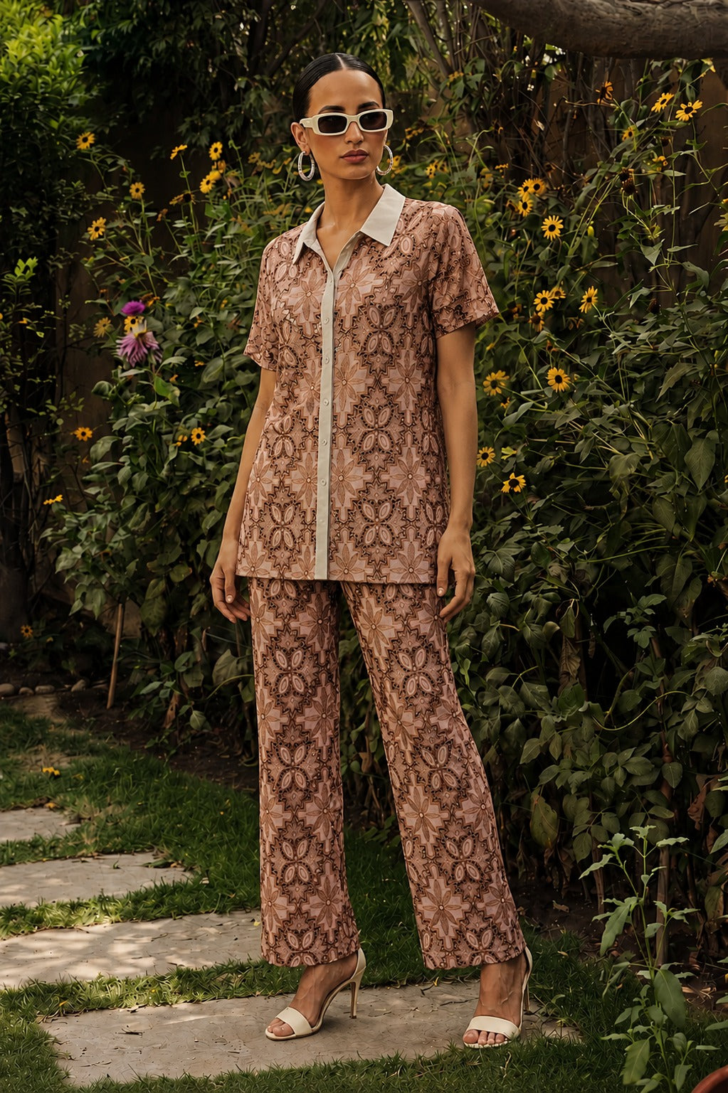 Myra mesh lace co-ord set - beige & brown