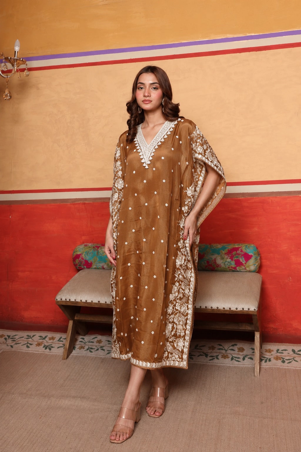 REYNA GARA V NECK KAFTAN - BROWN