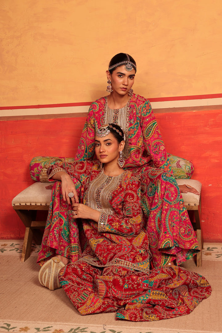 Elizey Paisley Embroidered Sharara Set - Pink