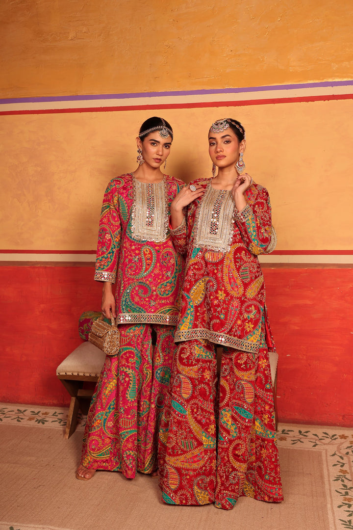 Elizey Paisley Embroidered Sharara Set - Red