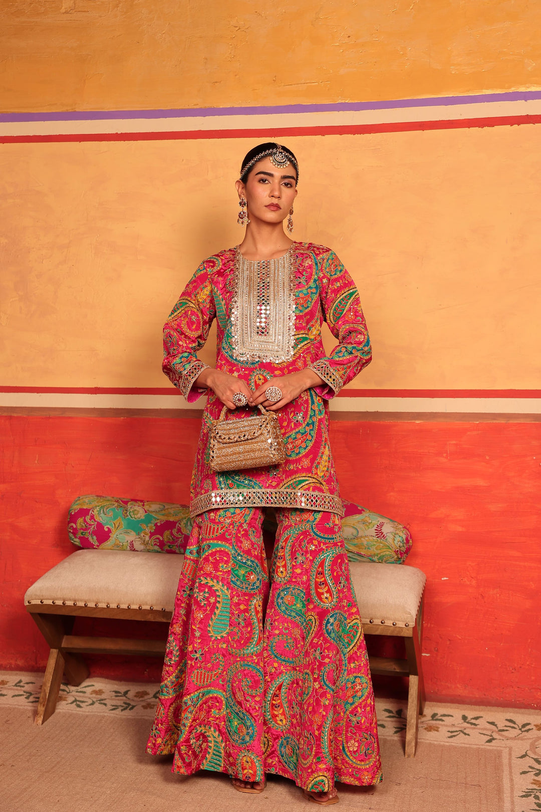 Elizey Paisley Embroidered Sharara Set - Pink