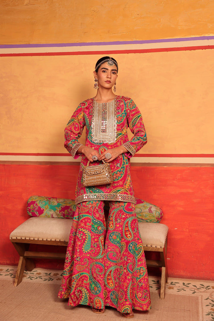 Elizey Paisley Embroidered Sharara Set - Pink
