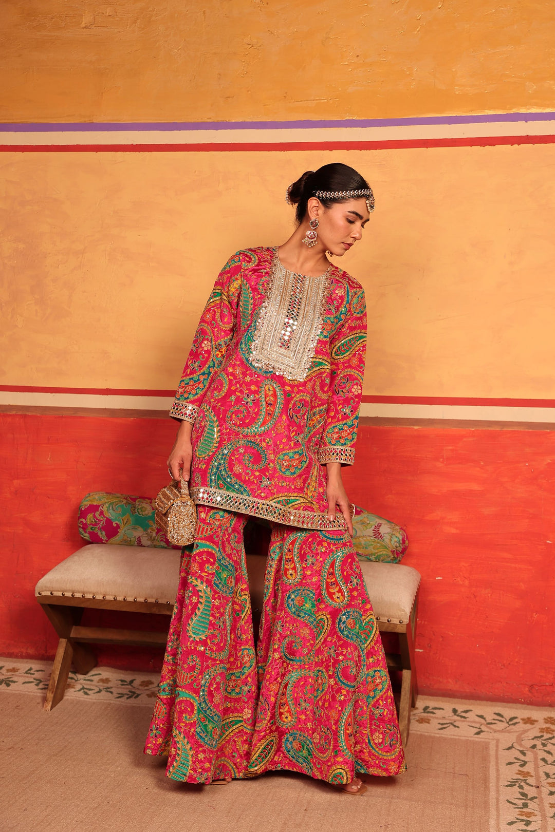 Elizey Paisley Embroidered Sharara Set - Pink
