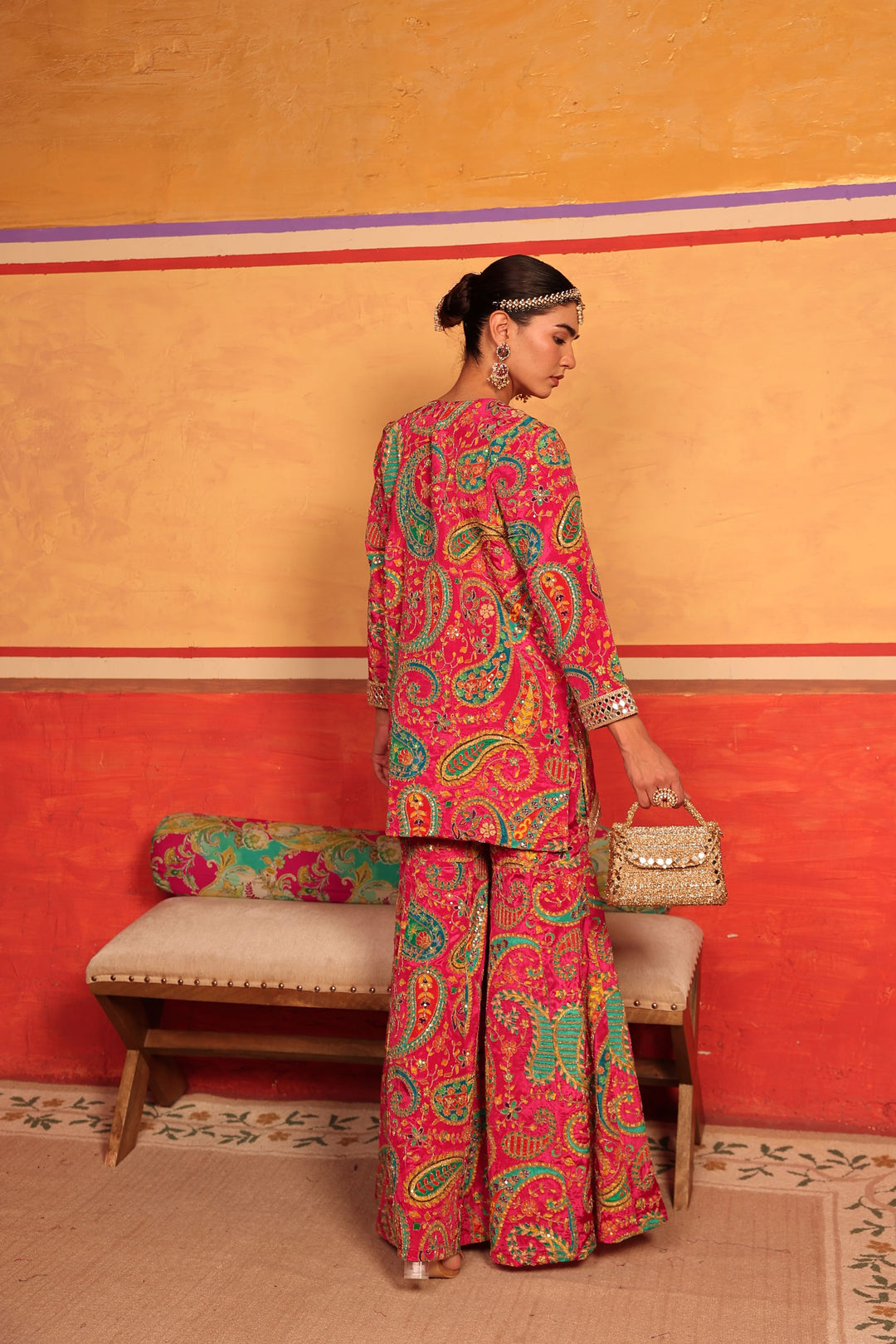 Elizey Paisley Embroidered Sharara Set - Pink