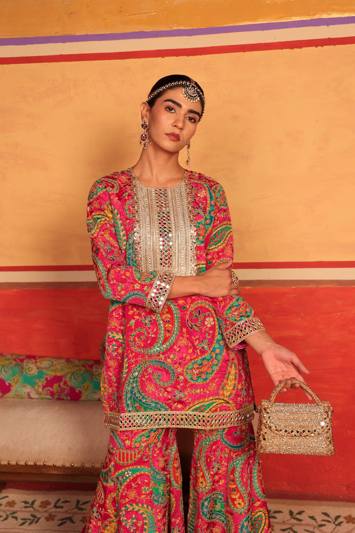 Elizey Paisley Embroidered Sharara Set - Pink
