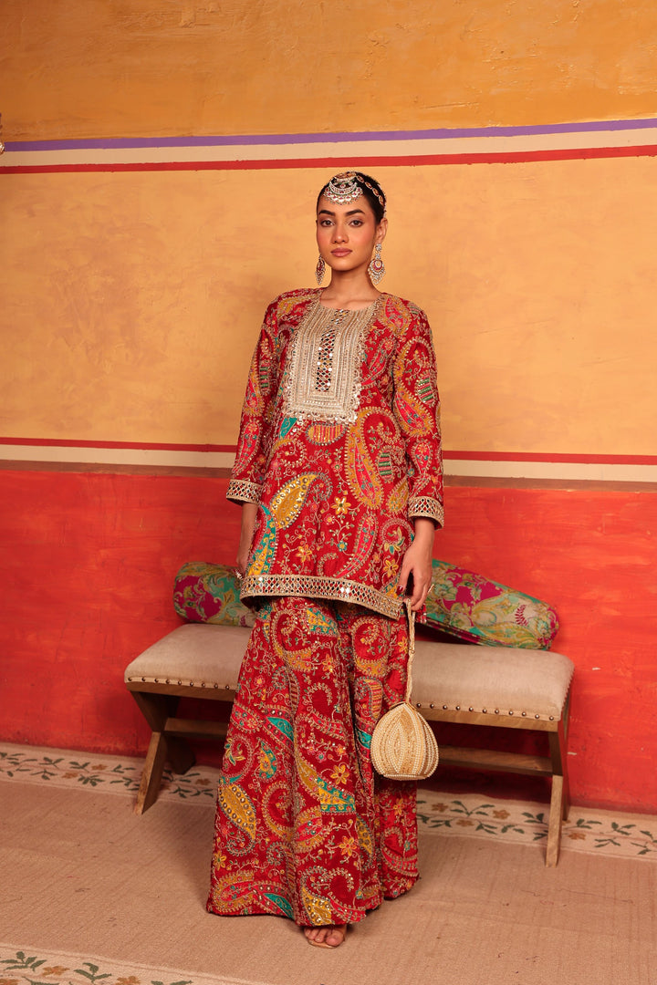 Elizey Paisley Embroidered Sharara Set - Red