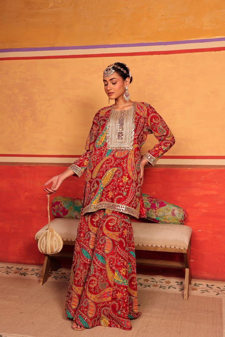 Elizey Paisley Embroidered Sharara Set - Red