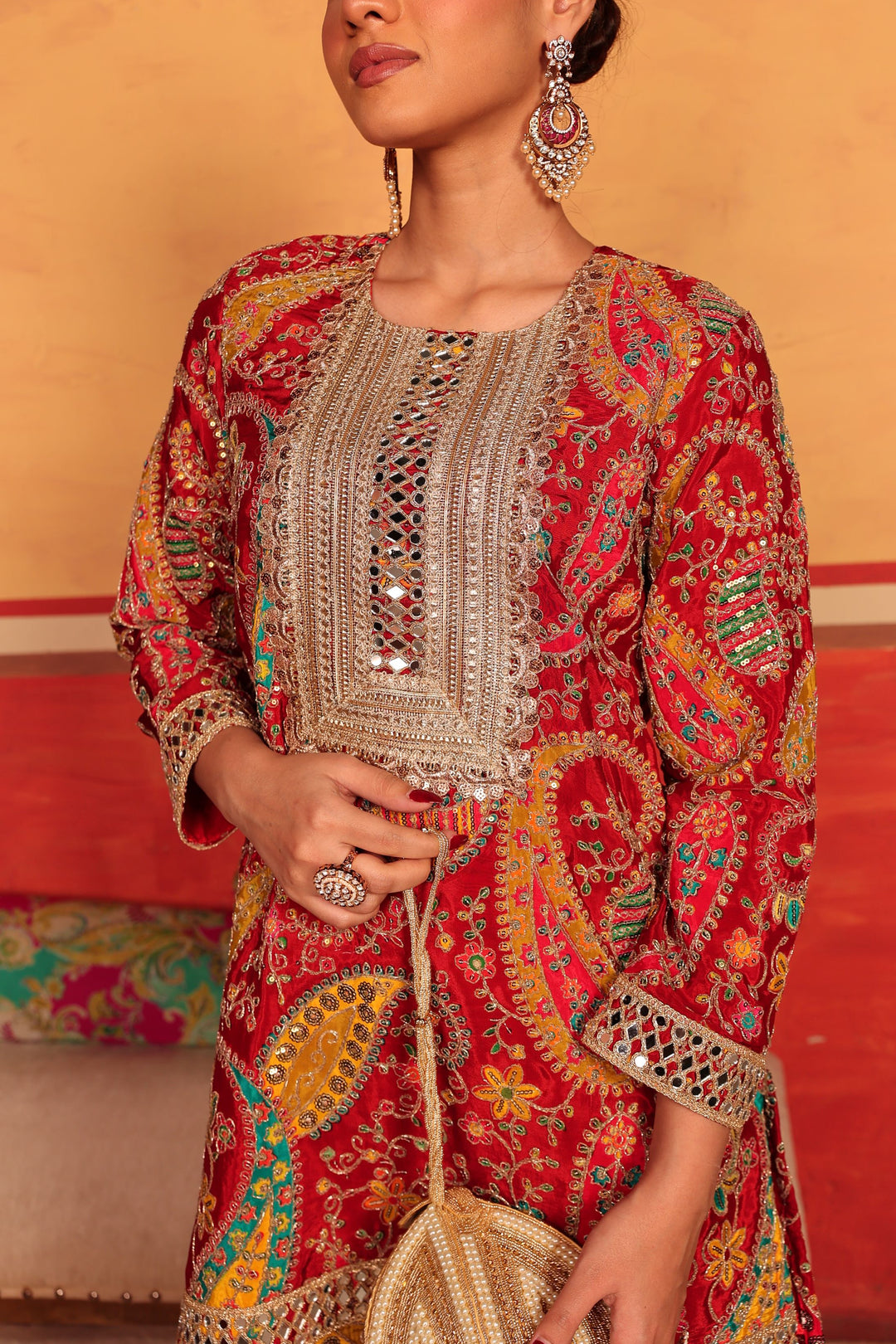 Elizey Paisley Embroidered Sharara Set - Red