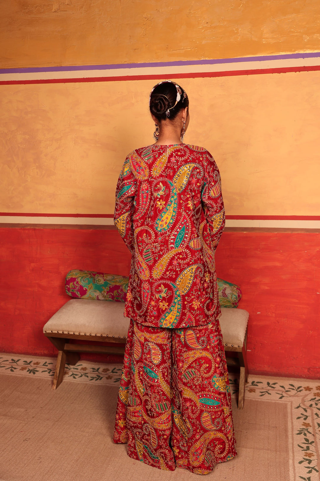 Elizey Paisley Embroidered Sharara Set - Red