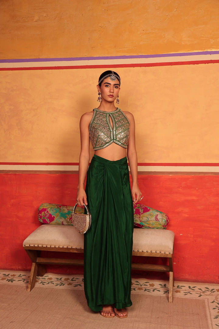 Dua Embroidered Blouse with Dhoti Skirt - Green