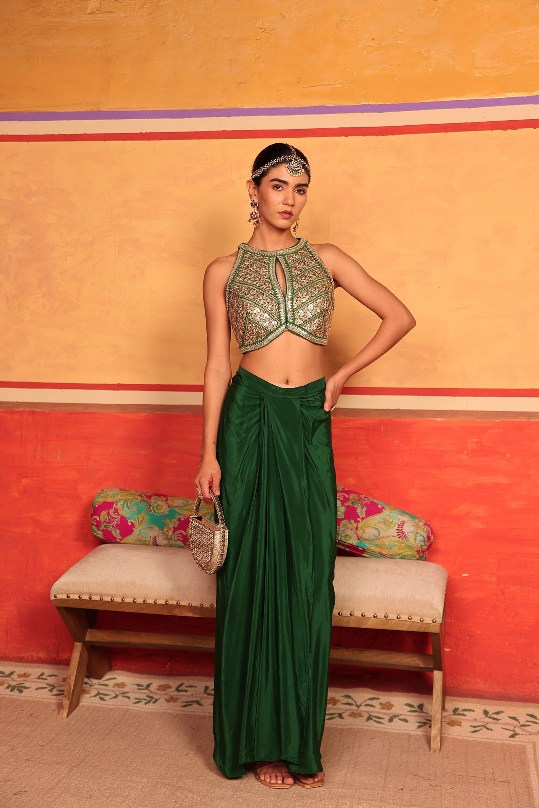 Dua Embroidered Blouse with Dhoti Skirt - Green