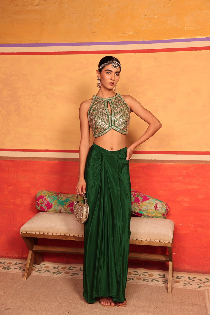 Dua Embroidered Blouse with Dhoti Skirt - Green