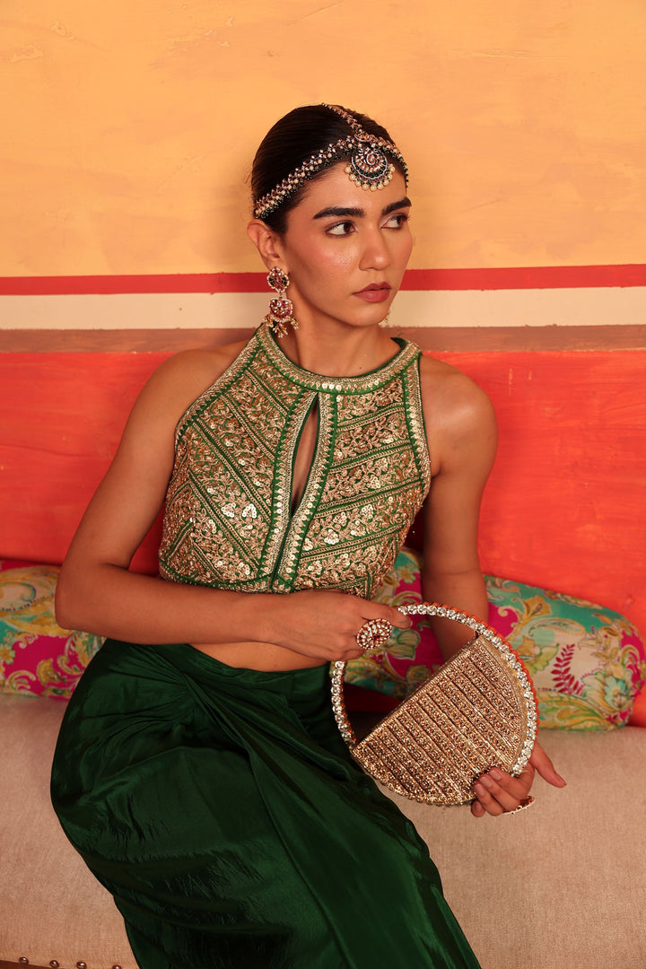 Dua Embroidered Blouse with Dhoti Skirt - Green