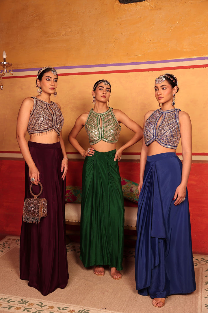 Dua Embroidered Blouse with Dhoti Skirt - Blue