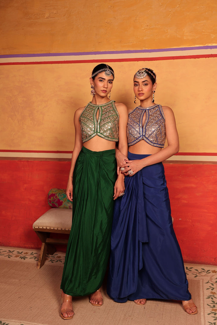 Dua Embroidered Blouse with Dhoti Skirt - Green