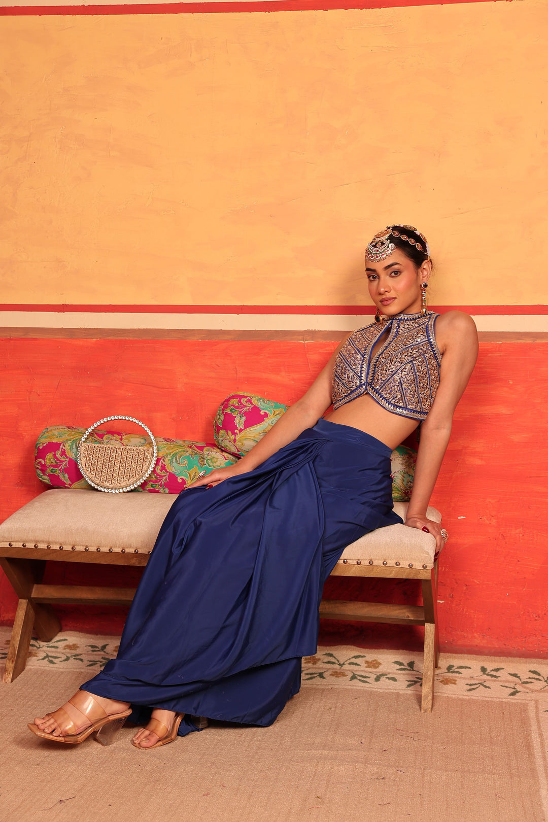 Dua Embroidered Blouse with Dhoti Skirt - Blue