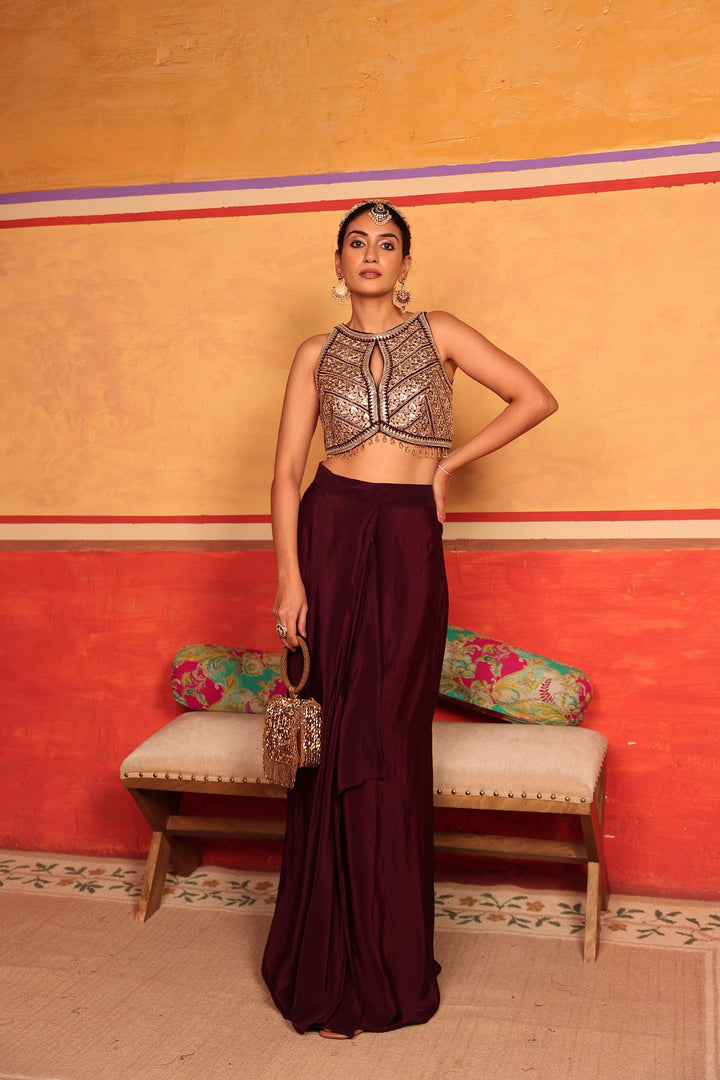 Dua Embroidered Blouse with Dhoti Skirt - Purple