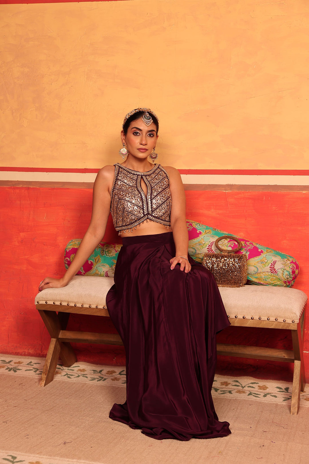 Dua Embroidered Blouse with Dhoti Skirt - Purple