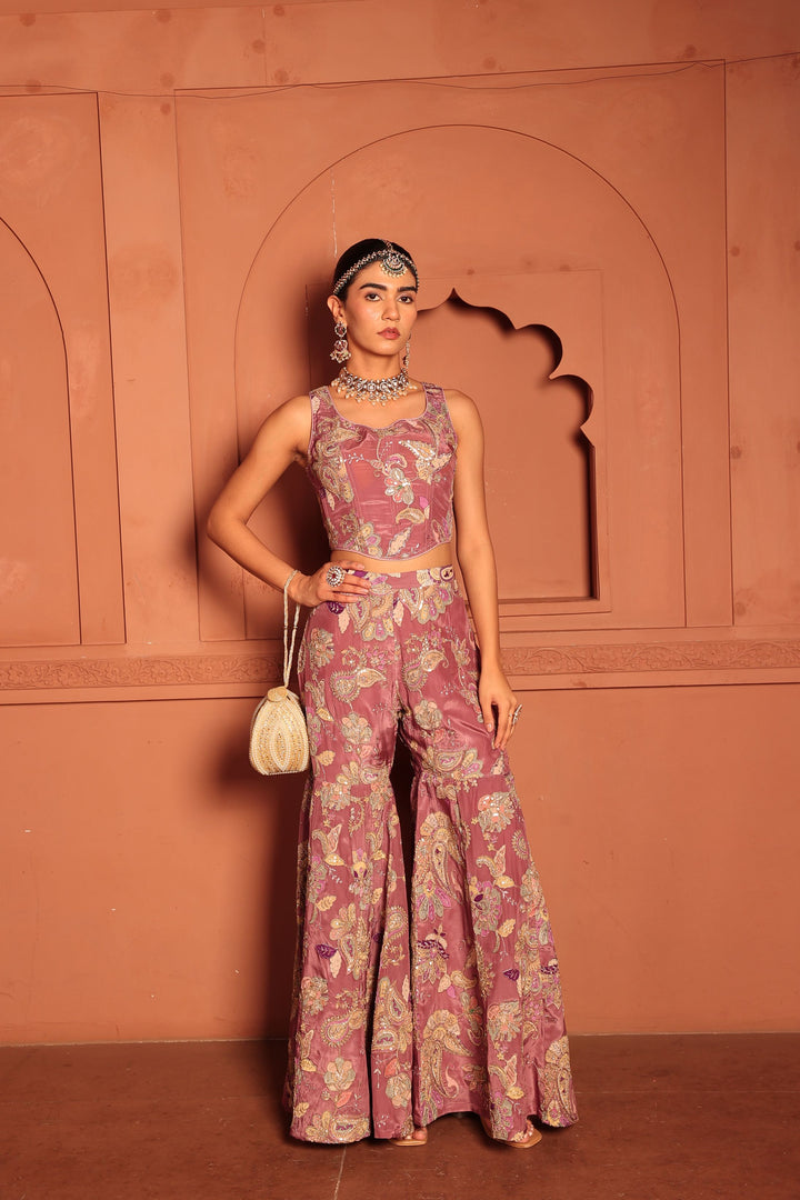 Elizey Paisley Embroidered Sharara Set with Corset - Purple