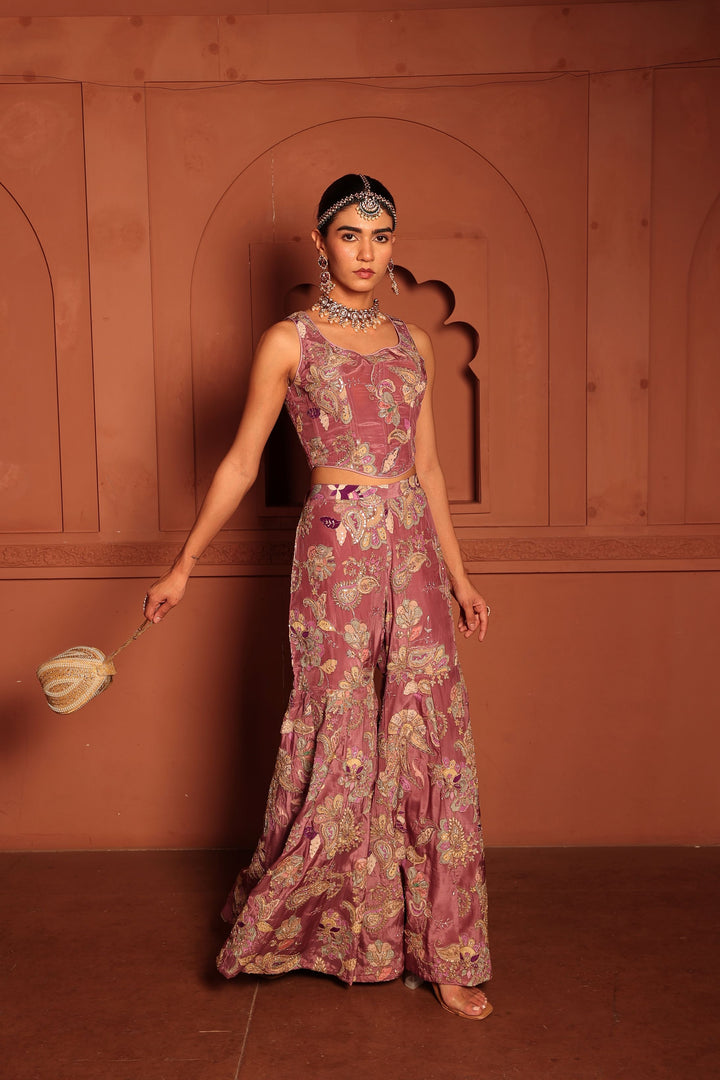 Elizey Paisley Embroidered Sharara Set with Corset - Purple