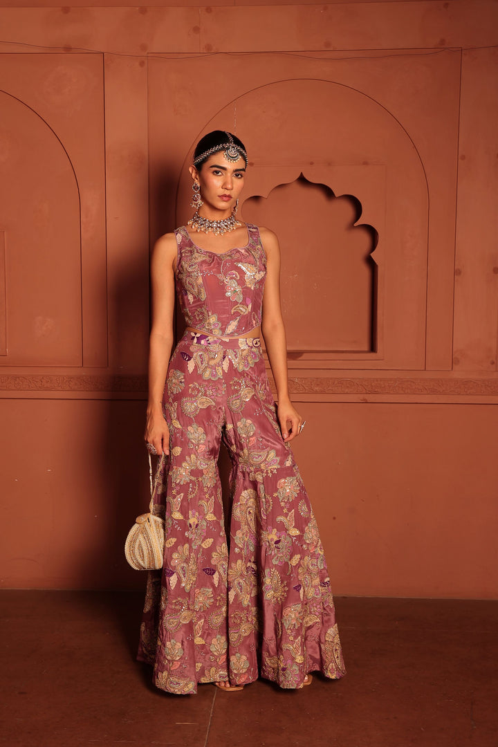 Elizey Paisley Embroidered Sharara Set with Corset - Purple