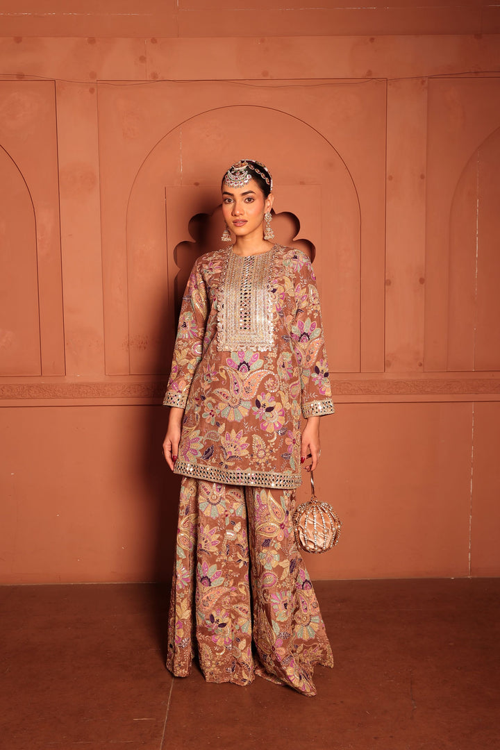 Elizey Paisley Embroidered Sharara Set - Beige