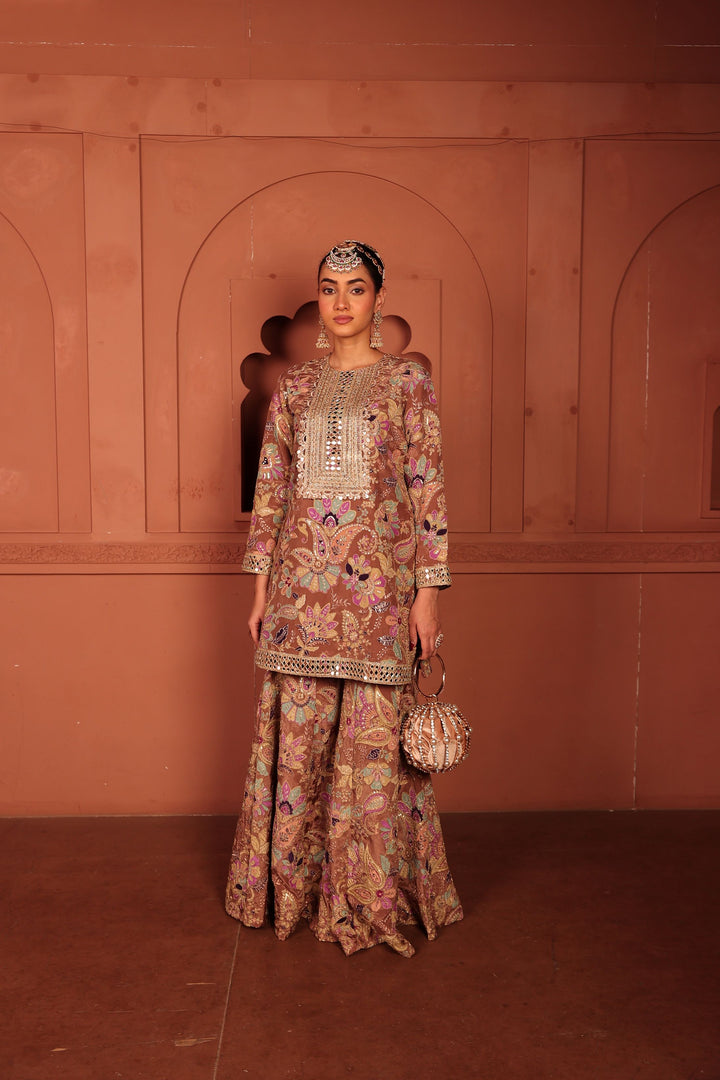 Elizey Paisley Embroidered Sharara Set - Beige