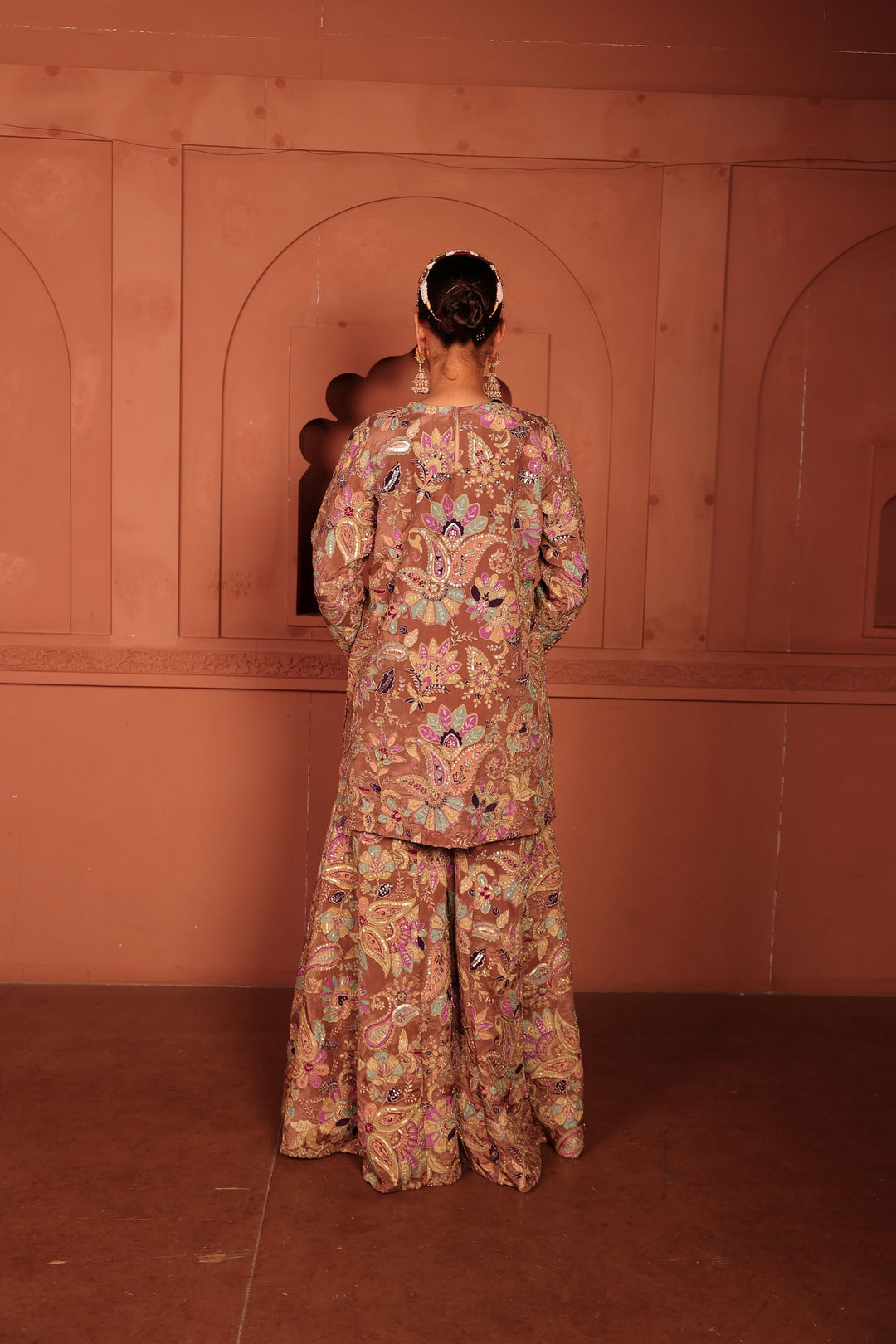 Elizey Paisley Embroidered Sharara Set - Beige