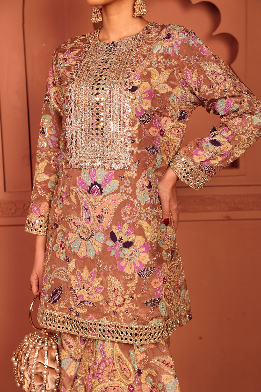 Elizey Paisley Embroidered Sharara Set - Beige