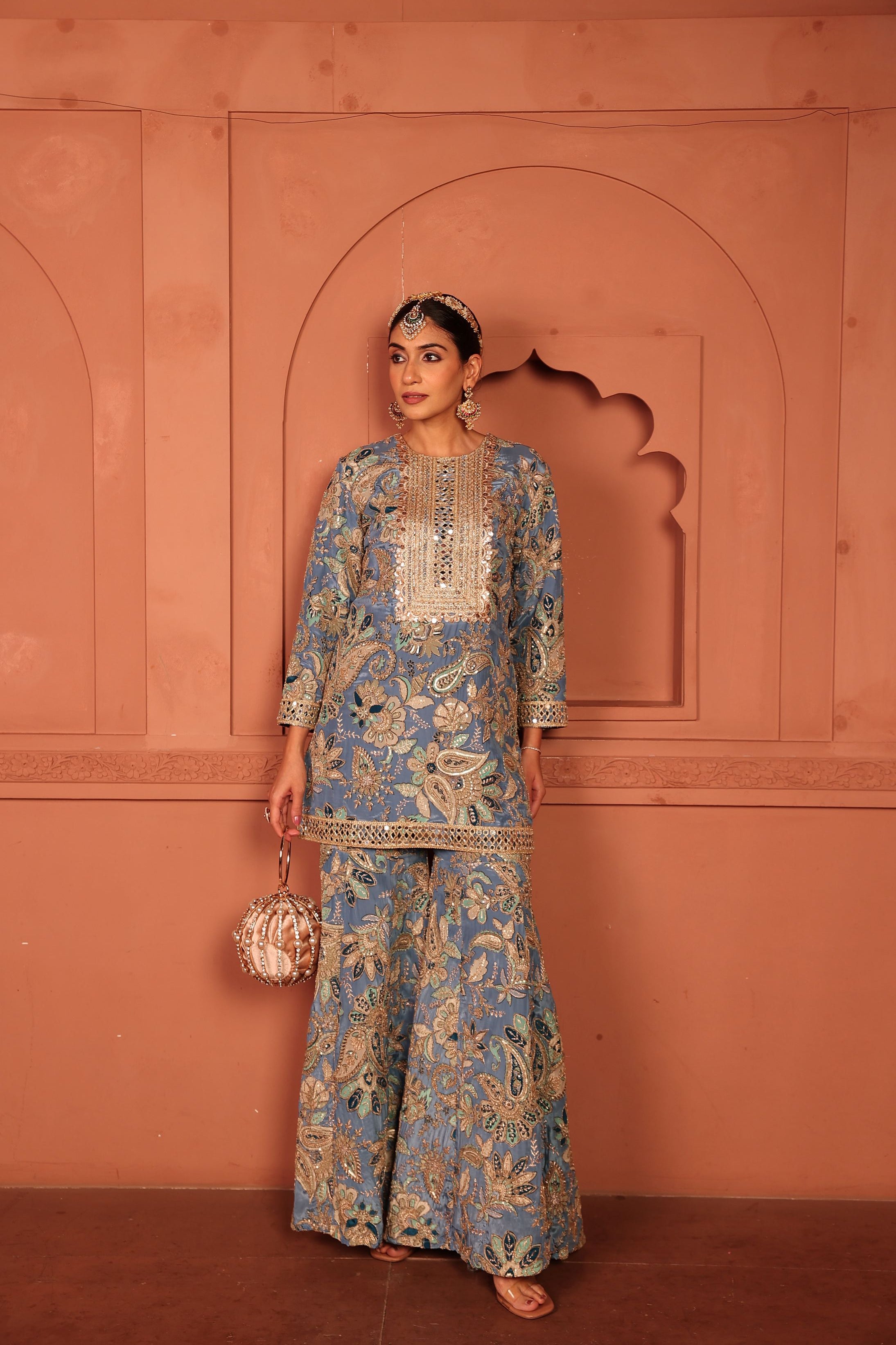 Elizey Paisley Embroidered Sharara Set - Pastel Blue