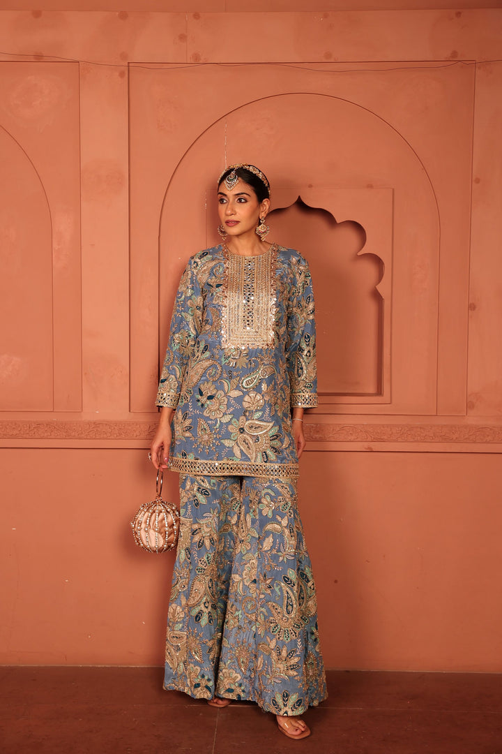 Elizey Paisley Embroidered Sharara Set - Pastel Blue