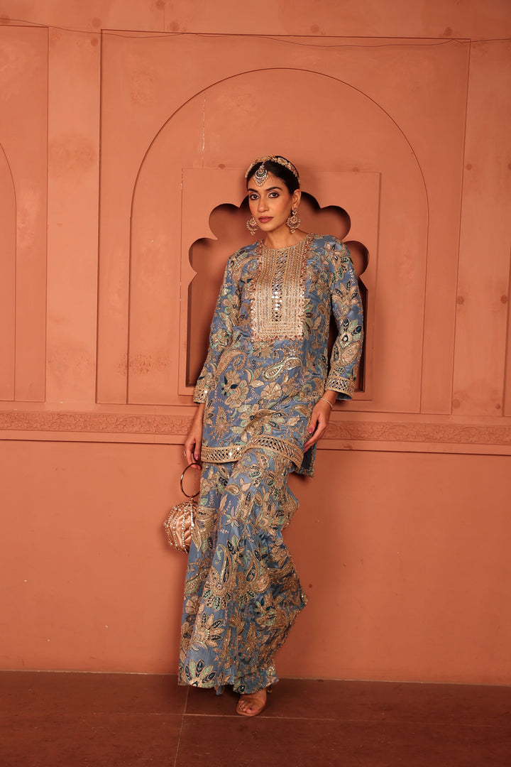 Elizey Paisley Embroidered Sharara Set - Pastel Blue