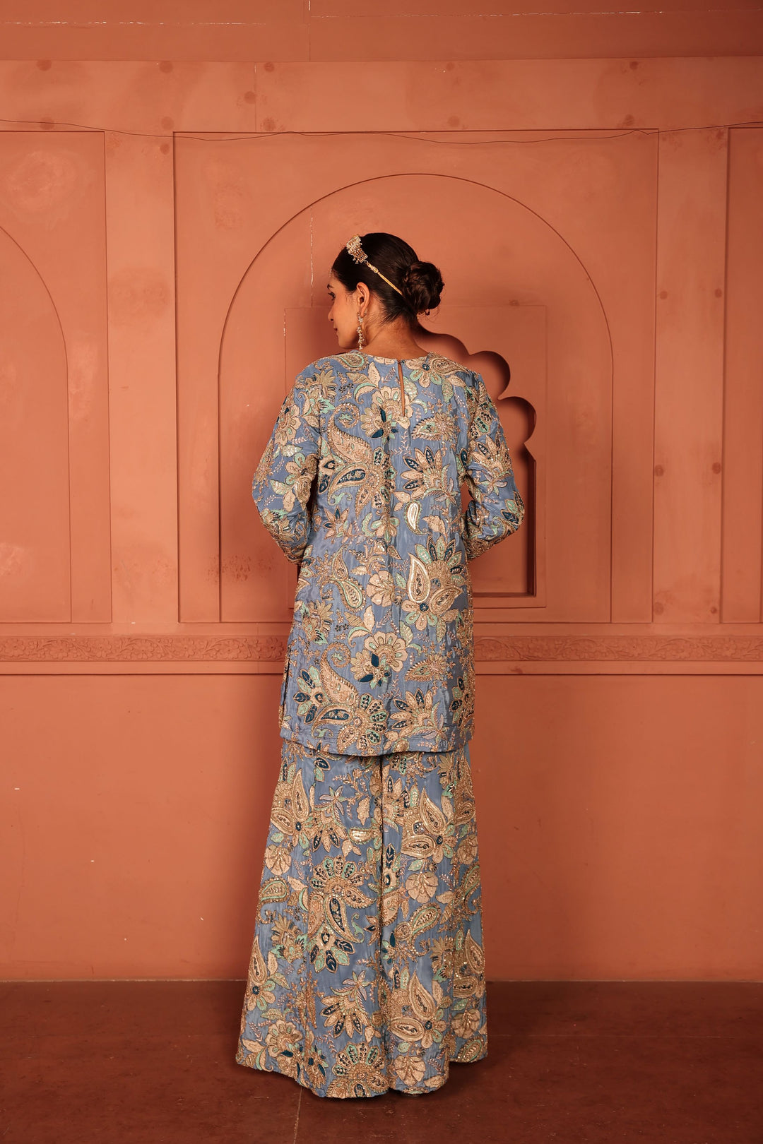Elizey Paisley Embroidered Sharara Set - Pastel Blue