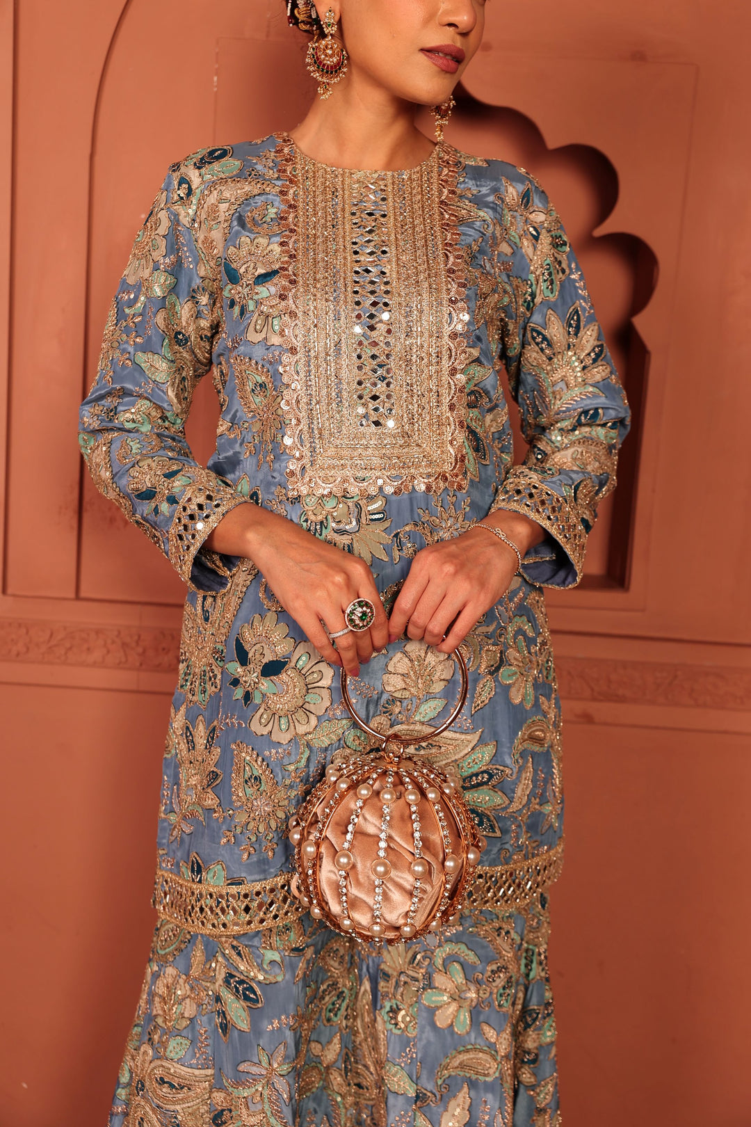 Elizey Paisley Embroidered Sharara Set - Pastel Blue